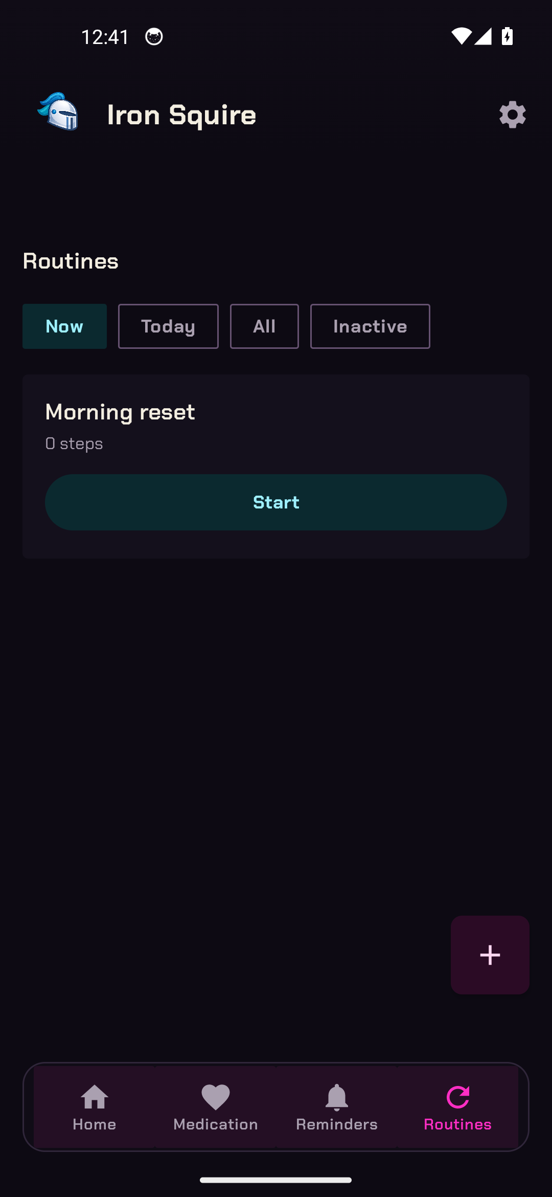 Iron Squire routines screen showing a Morning reset routine in Hytsu’s Theme